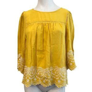 Juniors Small Yellow Smock Top White Lace Embroidered Trim 3/4 Sleeve Blouse NWT